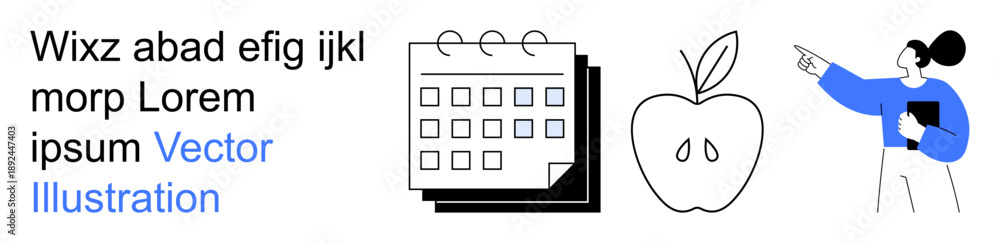 Fototapeta premium Time management, healthy lifestyle, education, organization, wellness, productivity. A calendar, apple and a person pointing with a notepad. Time management and healthy lifestyle concepts