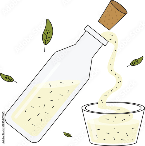 Vector illustration of creamy salad dressing pouring from a glass bottle into a small bowl. The design features a clear glass bottle with a cork stopper and a delicious white dressing with herb flecks