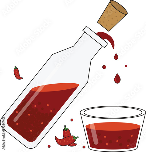 Illustration of a chili sauce or chili oil in a glass bottle with cork, pouring red spicy liquid into a small bowl. Decorative chili peppers and sauce drops create a dynamic composition.