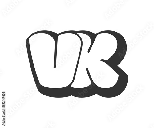 VK logo, bubble comic lettering, rounded in graffiti style black and white silhouette. Trendy preschool V and K letter text for festival party, personal initials, children funky print and web.