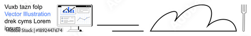 Business analytics, cloud computing, data storage, online services, productivity, research tools. A monitor displays analytical graphs connected to a cloud and fork. Business analytics and cloud