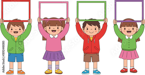 Cartoon children holding blank signs, colorful vector kids illustration, educational poster, school activity, diverse outfits, cheerful classroom design, editable space