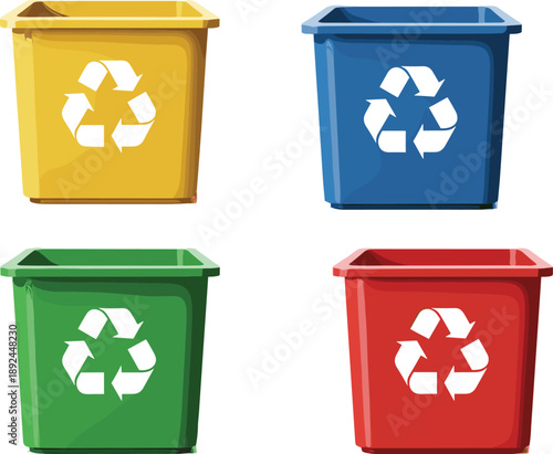 Colorful recycling bins with white recycle symbols, waste segregation, environmental sustainability, vector illustration, clean design, eco-friendly concept, flat style