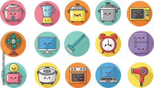 Cute cartoon household appliances with smiling faces, colorful backgrounds, kitchen tools, electronics, home items, vector illustration, kids learning, playful design