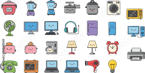 Cute cartoon household appliances and electronics, smiling faces, colorful grid layout, vector illustration, playful design, kids learning, home utility icons
