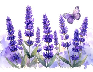 Delicate purple flowers and butterfly on white