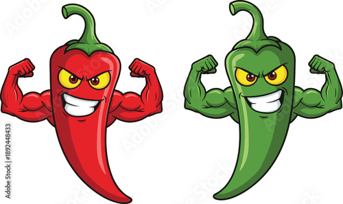 Muscular cartoon chili peppers flexing arms, red and green spicy characters, fierce expressions, vector illustration, food mascot, strong vegetable design