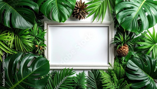 Wallpaper Mural White frame surrounded by lush green tropical foliage, empty space Torontodigital.ca