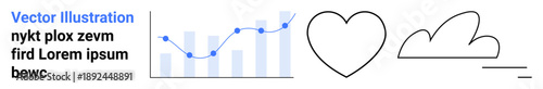 Analytics, data trends, emotions, weather, design concepts, business reports. A bar chart with a trend line, a heart outline and a cloud outline. Analytics and data trends visualization concept