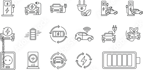 Electric Vehicle Charging Icons Set for EV Power and Energy
