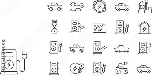 Electric Vehicle Charging Icons Set for EV Power and Infrastructure