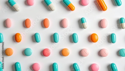 Wallpaper Mural Array of colorful pills and capsules meticulously arranged on white Torontodigital.ca