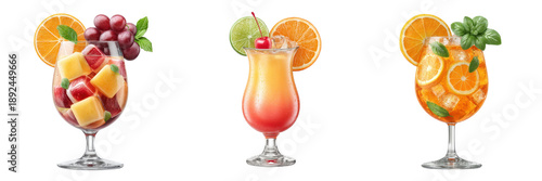 Three Fruity Drinks With Garnishes Against A Transparent Background