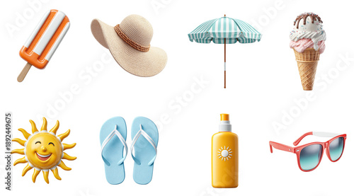 Summer Beach Vacation Essentials Collection Including Popsicle Hat Umbrella Ice Cream Sunscreen Sunglasses