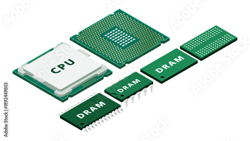 Isometric CPU and DRAM Memory Architecture Diagram Showing System Memory Hierarchy, Controller Integration and Performance Structure