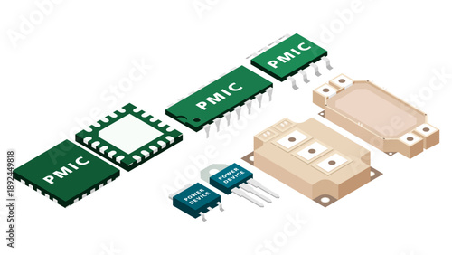 Isometric Power Semiconductor and PMIC Architecture Diagram Showing Power Management IC Structure, Voltage Regulation, and Conversion Design