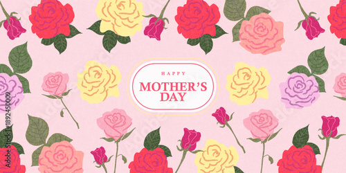 Creative concept of Happy Mother's Day card, banner. Modern floral art design with roses and modern typography. Template for celebration, ads, branding, cover, label, poster for spring summer greeting
