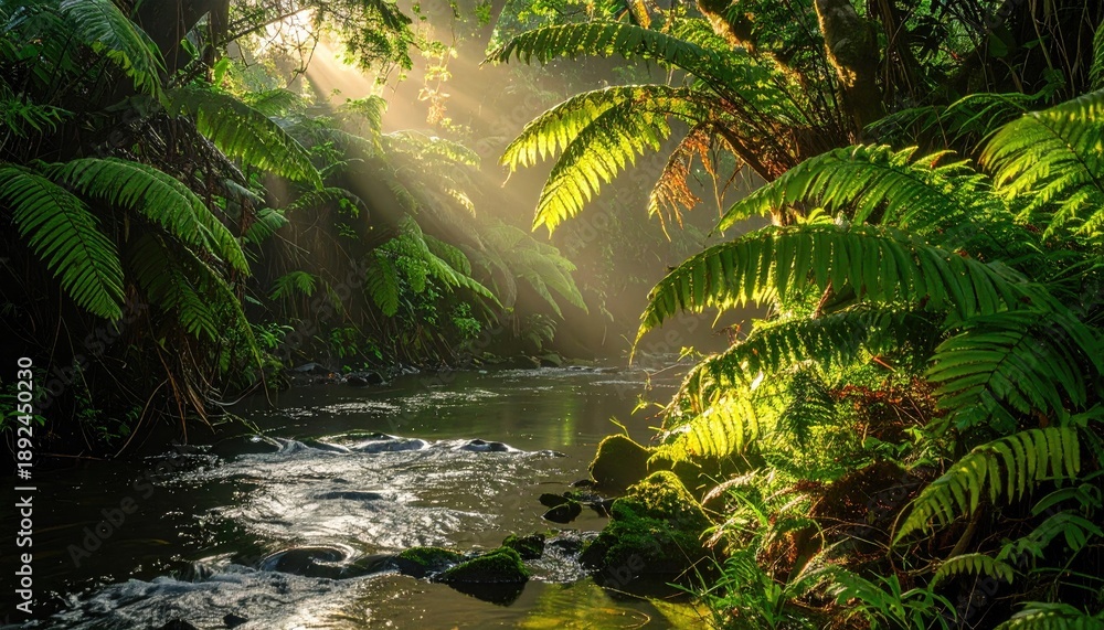 Fototapeta premium Sunlight streams through a lush, green forest over water