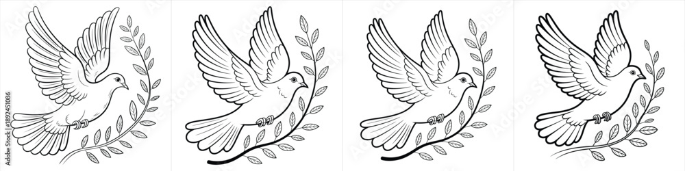Obraz premium elegant flying peace dove bird line art illustrations with olive branch leaves black and white clipart design vector illustration artwork 