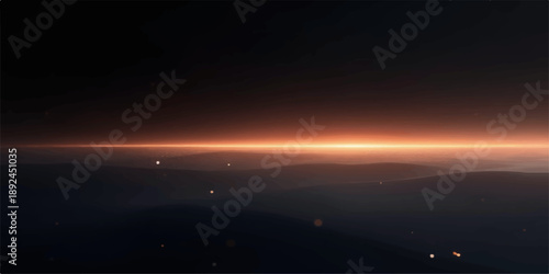 Long glowing orange horizon band stretching across dark cinematic futuristic cosmic backdrop