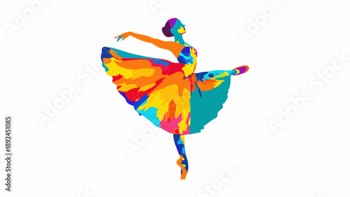 A colorful abstract illustration of a dancer in a dramatic pose with a flowing skirt and vibrant multicolored design on a white background for artistic and creative