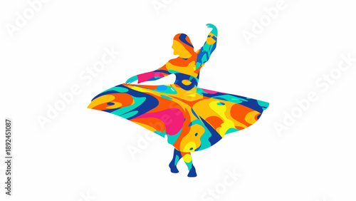 Vibrant abstract dancer silhouette captured in mid spin with colorful swirling patterns on dress and body against white background with colorful silhouette
