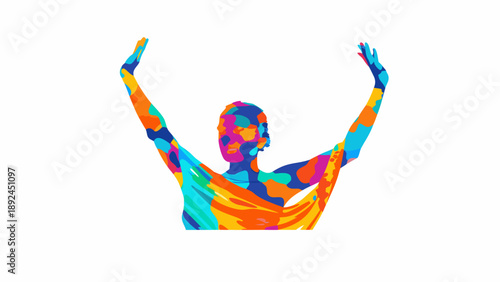 Vibrant artistic dance motion visualized through abstract colorful human figure with raised arms in dynamic movement with illustration and graphic