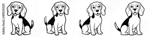 four cute cartoon beagle puppy dog illustrations in sitting poses with clean outlines black and white clipart design vector illustration artwork

