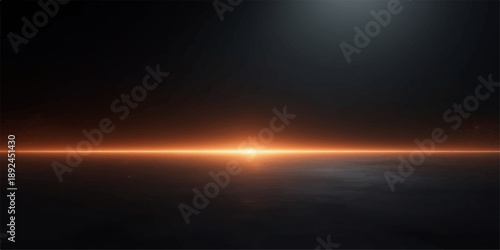 Low glowing horizon light with orange cinematic flare in dark futuristic cosmic environment