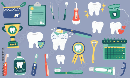 Dental care and oral hygiene elements set. Vector illustrations of healthy tooth conditions and dental health essentials, including toothbrush, toothpaste, floss, mouthwash, dentist tools and more.