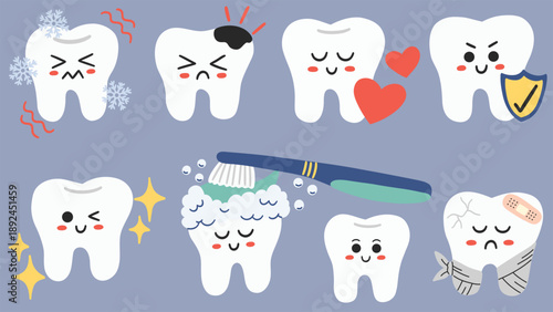 Healthy and unhealthy tooth cartoon characters set. Vector illustrations of teeth with different conditions, injury, sensitivity, and problems.