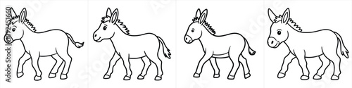 four cute cartoon donkey line art illustrations with clean outlines and minimalist style black and white clipart design vector illustration artwork
