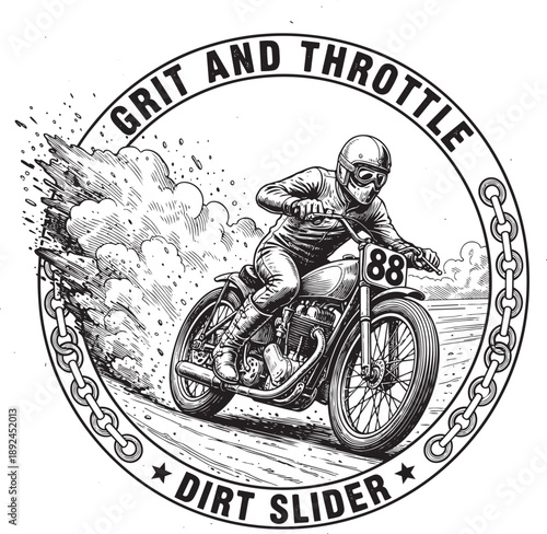 Vintage Motorcyclist Rider Dirt Sliding on Motorcycle in Action Scene