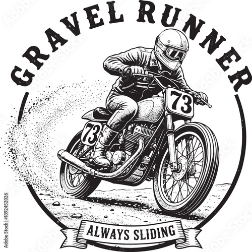 Motorcyclist riding on dirt track, performing slide maneuver, dynamic motion, racing event, outdoor terrain, vector illustration
