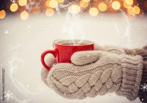 Wallpaper Mural Red mug with hot drink in mittens surrounded with bokeh and winter decoration Torontodigital.ca