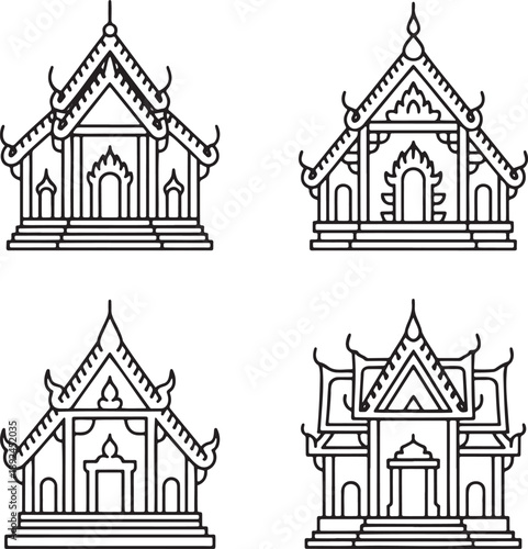Set of Thai temple Outline vector illustration isolated On Transparent Background