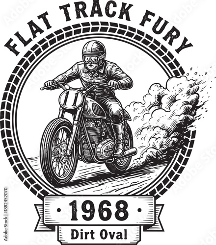 Vintage motorcycle rider in action on a dirt track with dust clouds, viewed from the front, Object_23.eps style illustration.