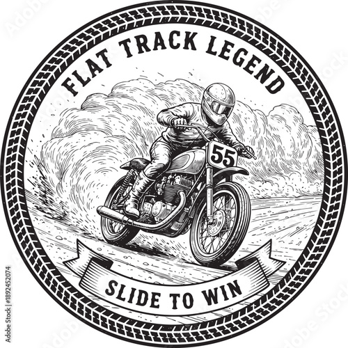 Vintage Motorcycle Rider in Action on Dirt Track with Dusty Clouds and Badge Emblem Illustration