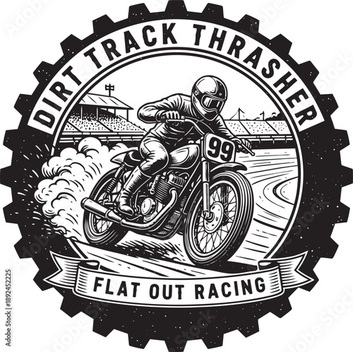 Vintage Motorcyclist Riding Dirt Track Thrashing with Dust and Speed in Racing Stadium