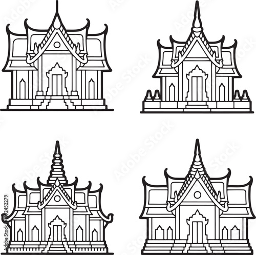 Set of Thai temple Outline vector illustration isolated On Transparent Background