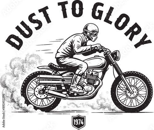 Vintage motorcycle rider in action, speeding with dust clouds, vector illustration of a biker in motion