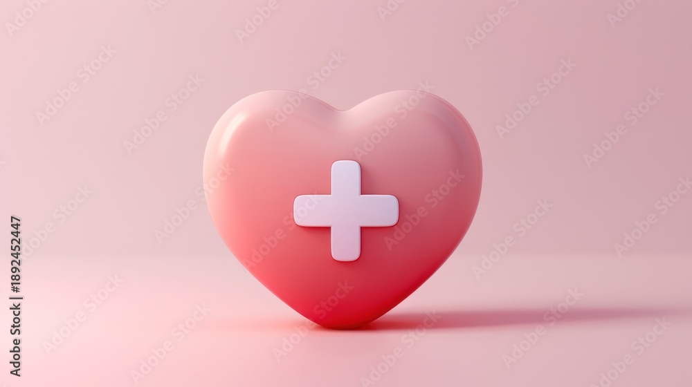 Obraz premium Soft 3D Heart Health Icon With Plus Sign — Modern Healthcare App Symbol for Health Care, Medical, and Wellness Concepts