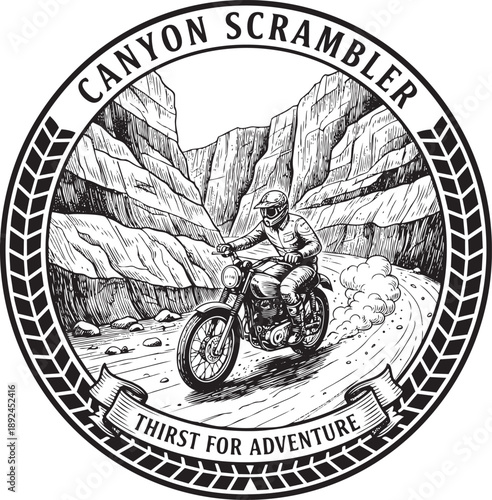Motorcyclist Riding Through Canyon Terrain with Canyon Scrambler Emblem and Thirst for Adventure Slogan Illustration