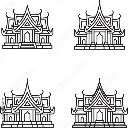 Set of Thai temple Outline vector illustration isolated On Transparent Background