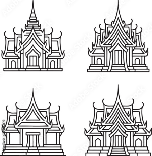 Set of Thai temple Outline vector illustration isolated On Transparent Background