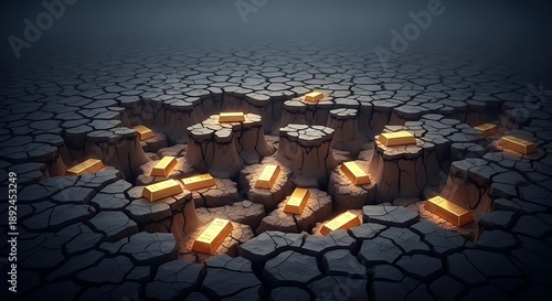 Glowing gold bars revealed in cracked dry earth, symbolizing hidden wealth, financial discovery, and economic opportunity.