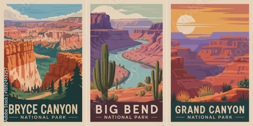 Bryce Canyon poster, National Park Illustration with Orange Red Rock Formations, Deep Valleys and Pine Trees