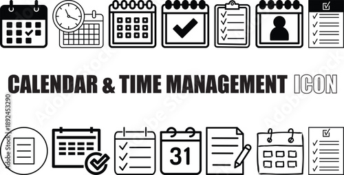 Calendar & Time Management Icon Set Planner, Reminder, Schedule, Date Symbols.