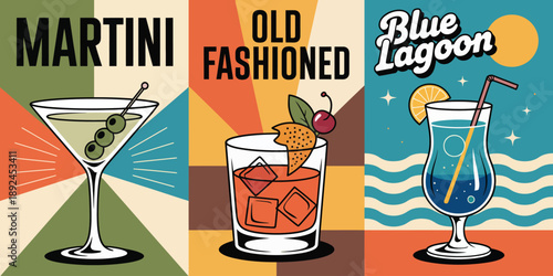 Cocktail poster, Classic Old Fashioned Cocktail Poster, with Geometric Background, Whiskey Drink Illustration