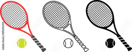 Tableau sur toile Tennis Racket and Ball Icon Set, Flat and Outline Sport Equipment Vector